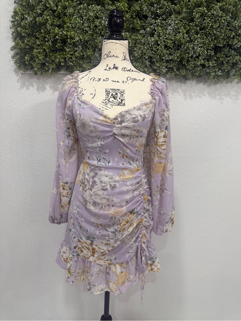 She + Sky Lavender Floral Ruched Ruffle Mini Dress Long Sleeve L